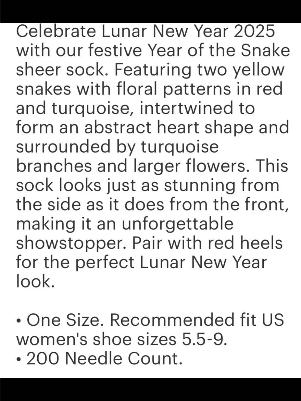 Year of the Snake Sheer Crew Sock. Price firm.